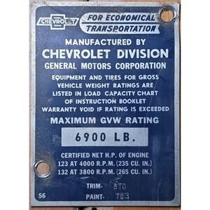 1957 Chevrolet Chevy Truck Data Plate Tag & related